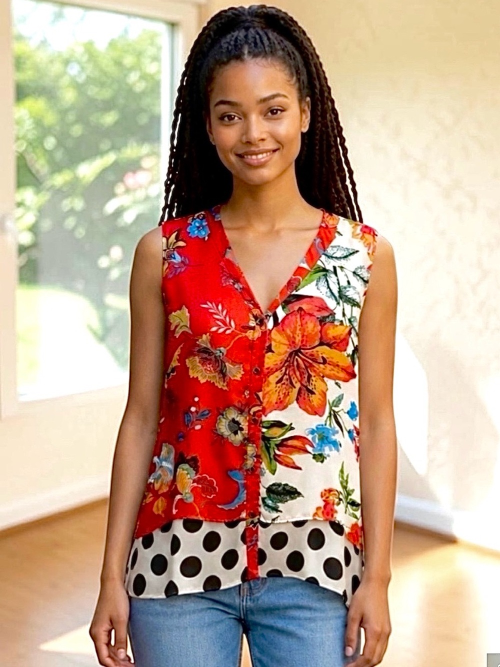 Michael Tyler
 Sleeveless Red & White Floral V-Neck Top, SZ 2X